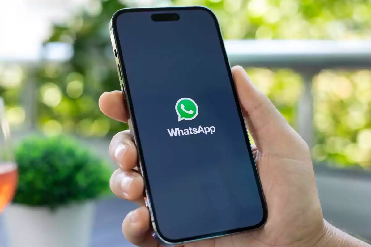 Persona sosteniendo un teléfono móvil que muestra la pantalla de inicio de WhatsApp en un entorno al aire libre con plantas desenfocadas al fondo Persona sosteniendo un teléfono móvil que muestra la pantalla de inicio de WhatsApp en un entorno al aire libre con plantas desenfocadas al fondo