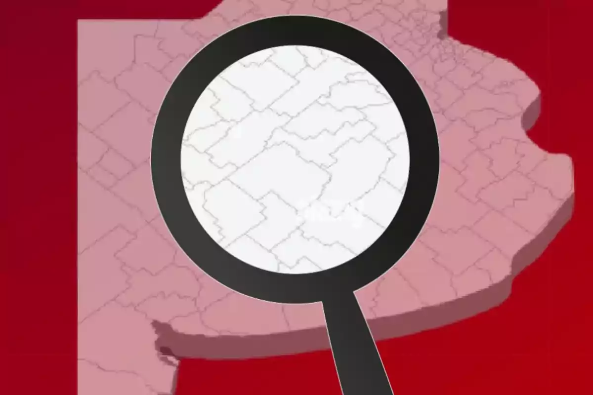 Map of a province with a magnifying glass enlarging a section on a red background