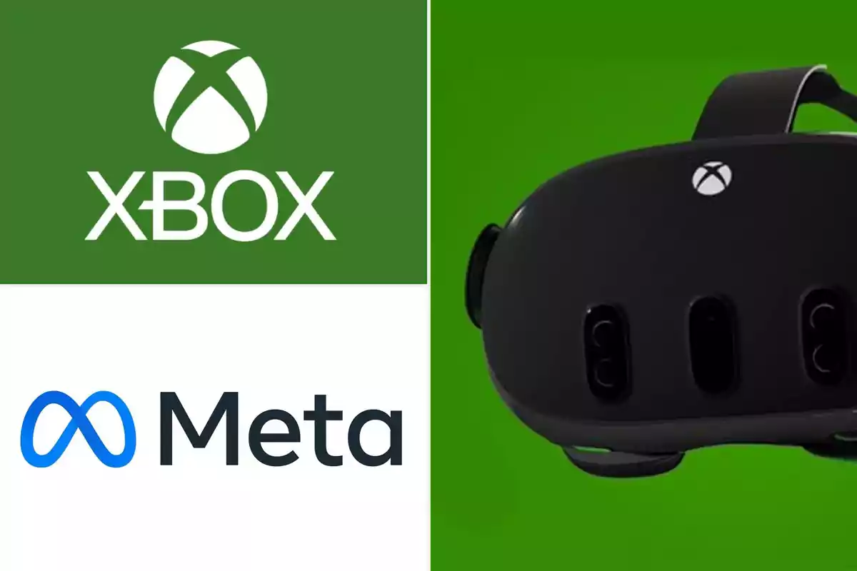 Logos de Xbox y Meta junto a un visor de realidad virtual negro con el logo de Xbox sobre fondo verde