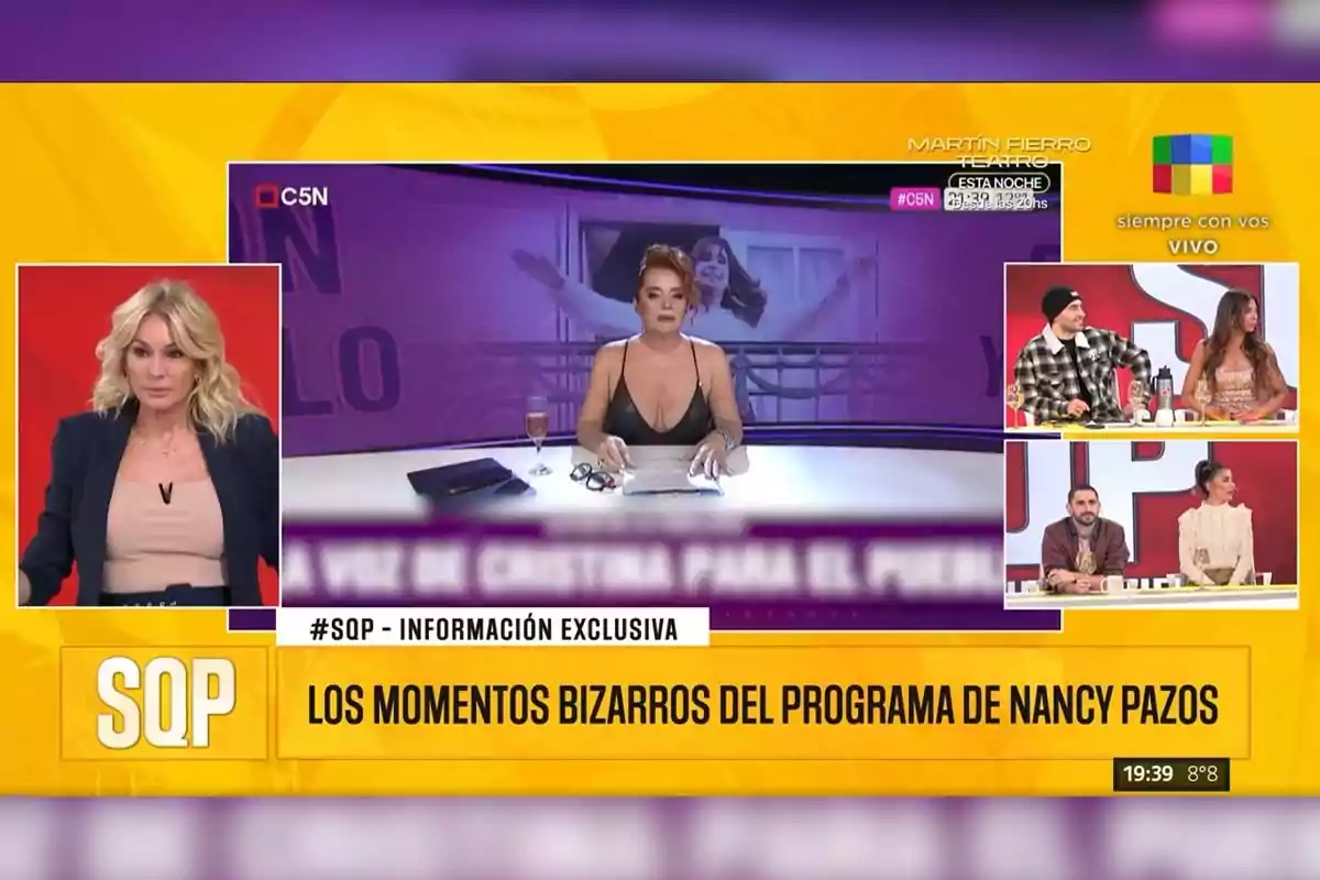 Pantalla de un programa de televisión con varios conductores y panelistas, fondo amarillo y texto que destaca momentos bizarros del programa de Nancy Pazos Pantalla de un programa de televisión con varios conductores y panelistas, fondo amarillo y texto que destaca momentos bizarros del programa de Nancy Pazos