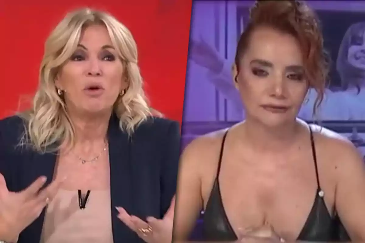 Dos mujeres en un programa de televisión, una con cabello rubio y expresión sorprendida, la otra con cabello rojizo y expresión seria, ambas en diferentes escenarios.