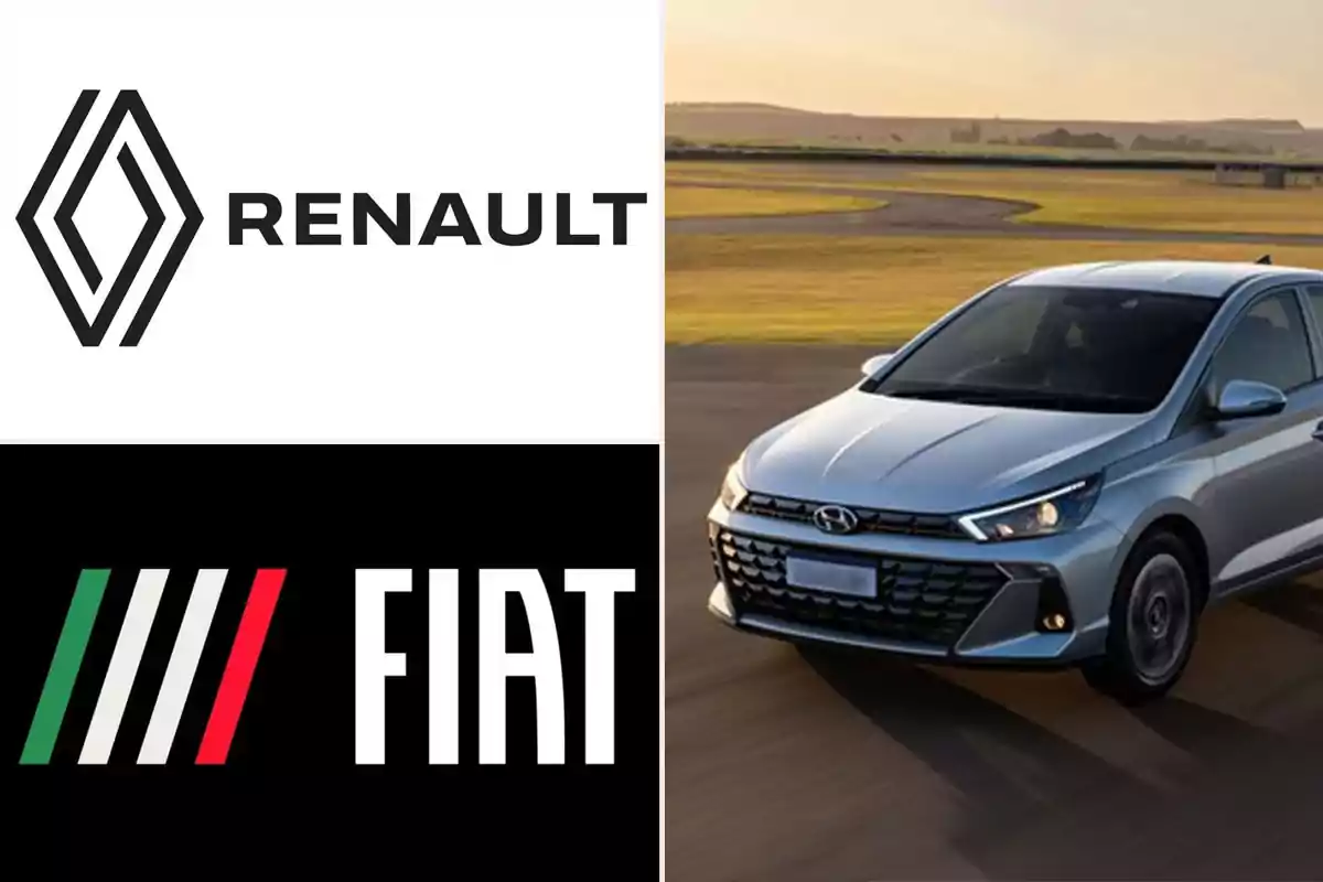 Logos de Renault y Fiat junto a un automóvil gris circulando en una pista al atardecer