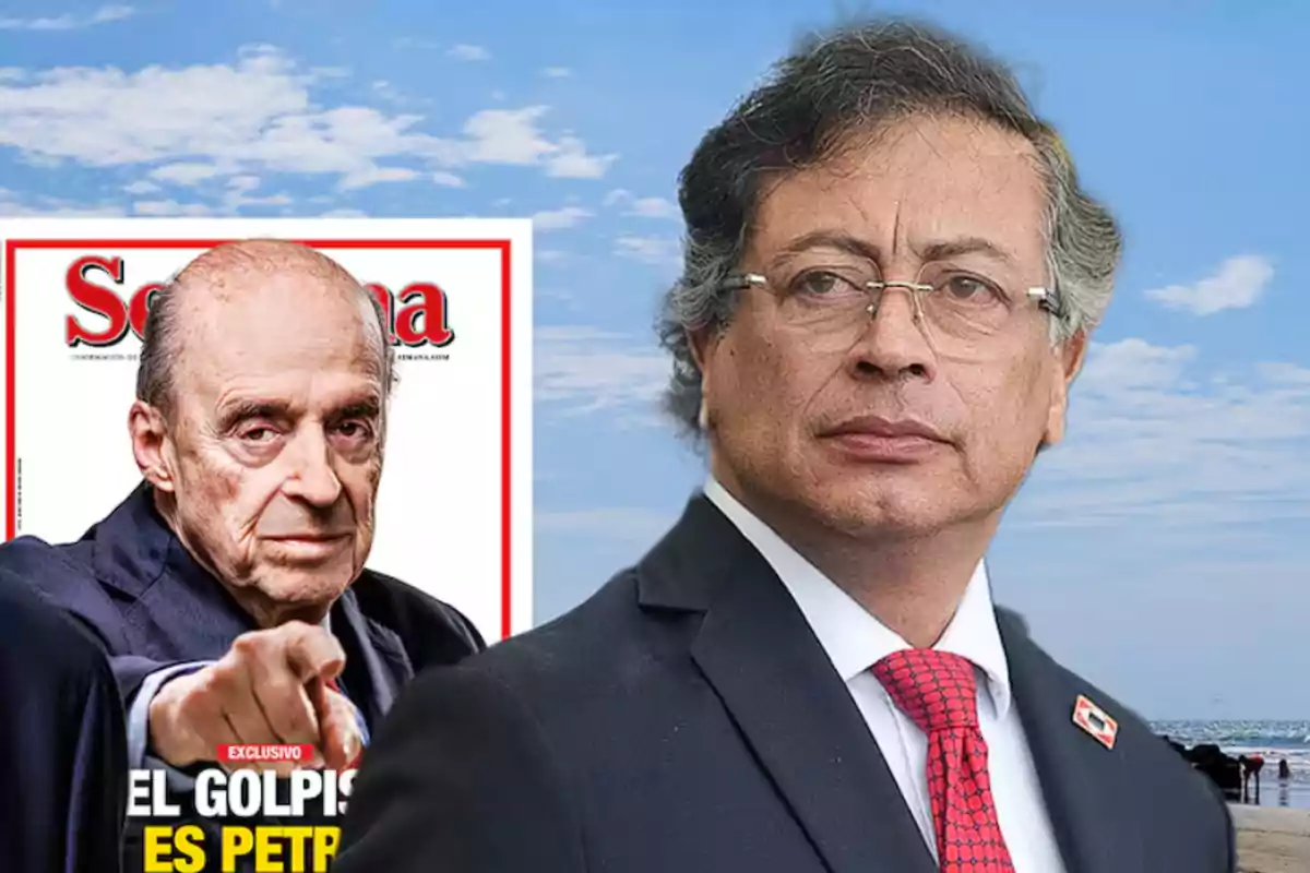 Dos hombres de traje aparecen en la imagen, uno de ellos está en primer plano con gafas y corbata roja, mientras que el otro aparece en la portada de una revista al fondo señalando hacia el frente, con un cielo azul y nubes como fondo. Dos hombres de traje aparecen en la imagen, uno de ellos está en primer plano con gafas y corbata roja, mientras que el otro aparece en la portada de una revista al fondo señalando hacia el frente, con un cielo azul y nubes como fondo.
