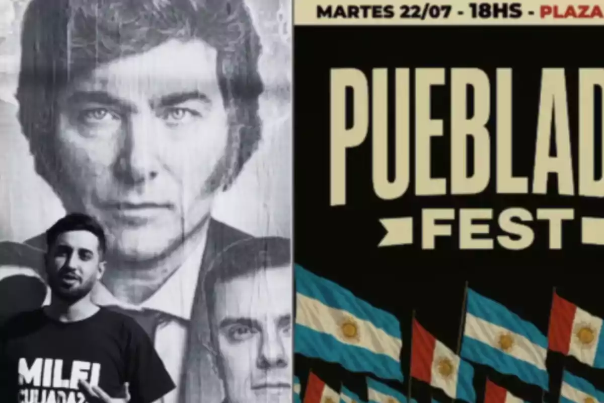 A man in a black t-jersey poses in front of a black and white mural, while to the right there is a festival poster with Argentine flags and the text "Pueblada Fest."