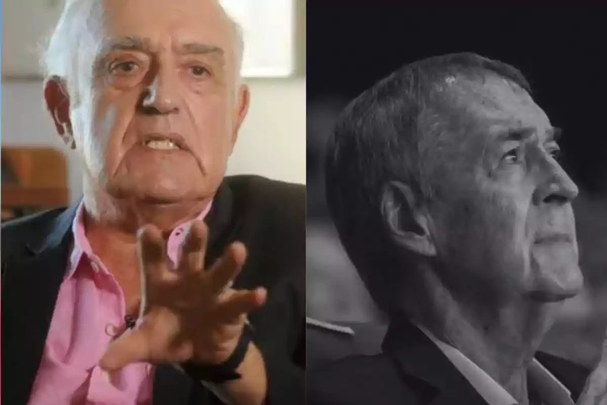 Two older men appear in the image, one in color wearing a pink jersey and dark jacket gesturing with his hand, and the other in black and white looking to the right with a serious expression.