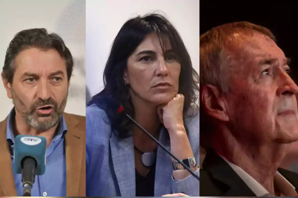 Tres personas adultas en primer plano, cada una en un recuadro diferente, con expresiones serias y fondo neutro.