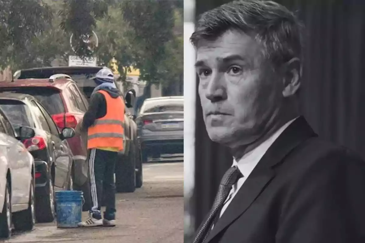 On the left, a person wearing an orange vest and a cap is watching over cars on the street, while on the right, a man in a suit in black and white appears, looking serious.