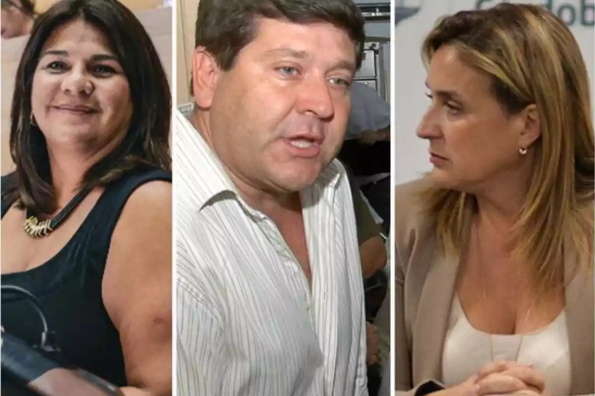 Tres personas adultas posan en diferentes ambientes, una mujer de cabello oscuro a la izquierda, un hombre de cabello corto en el centro y una mujer rubia a la derecha