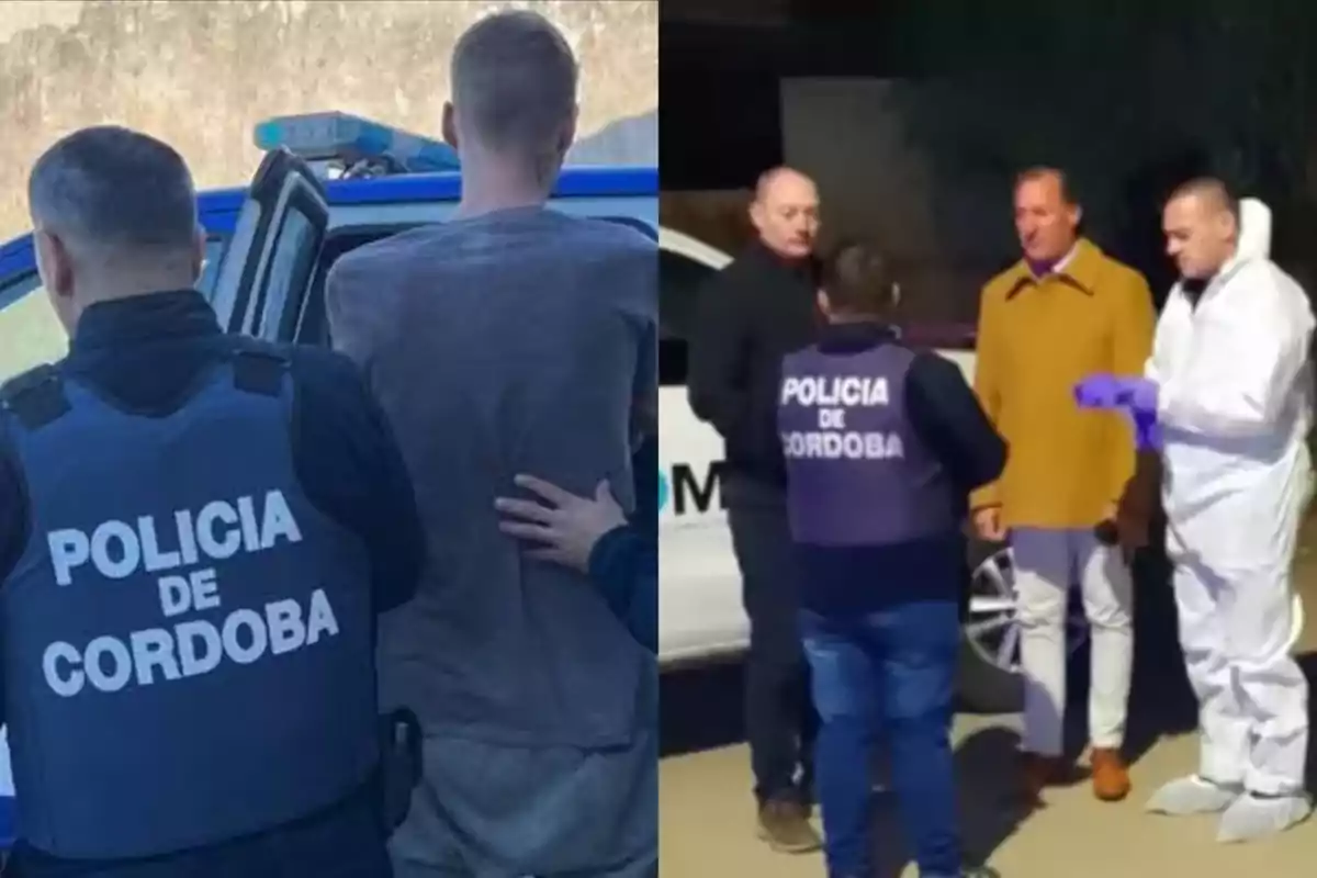 Dos escenas muestran a agentes de la Policía de Córdoba en diferentes situaciones una con un detenido y otra conversando con personas en la calle