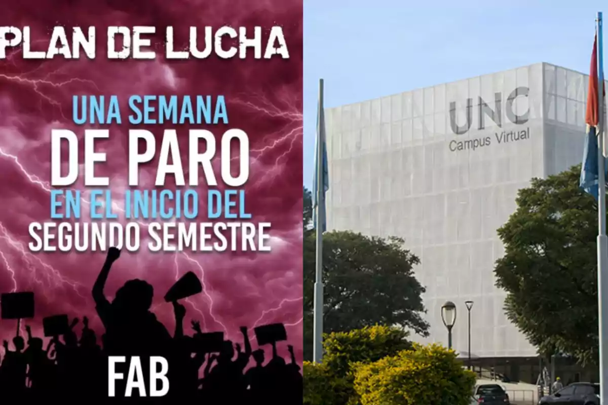 A la izquierda se ve un cartel de protesta anunciando una semana de paro al inicio del segundo semestre y a la derecha un edificio moderno con el cartel UNC Campus Virtual.