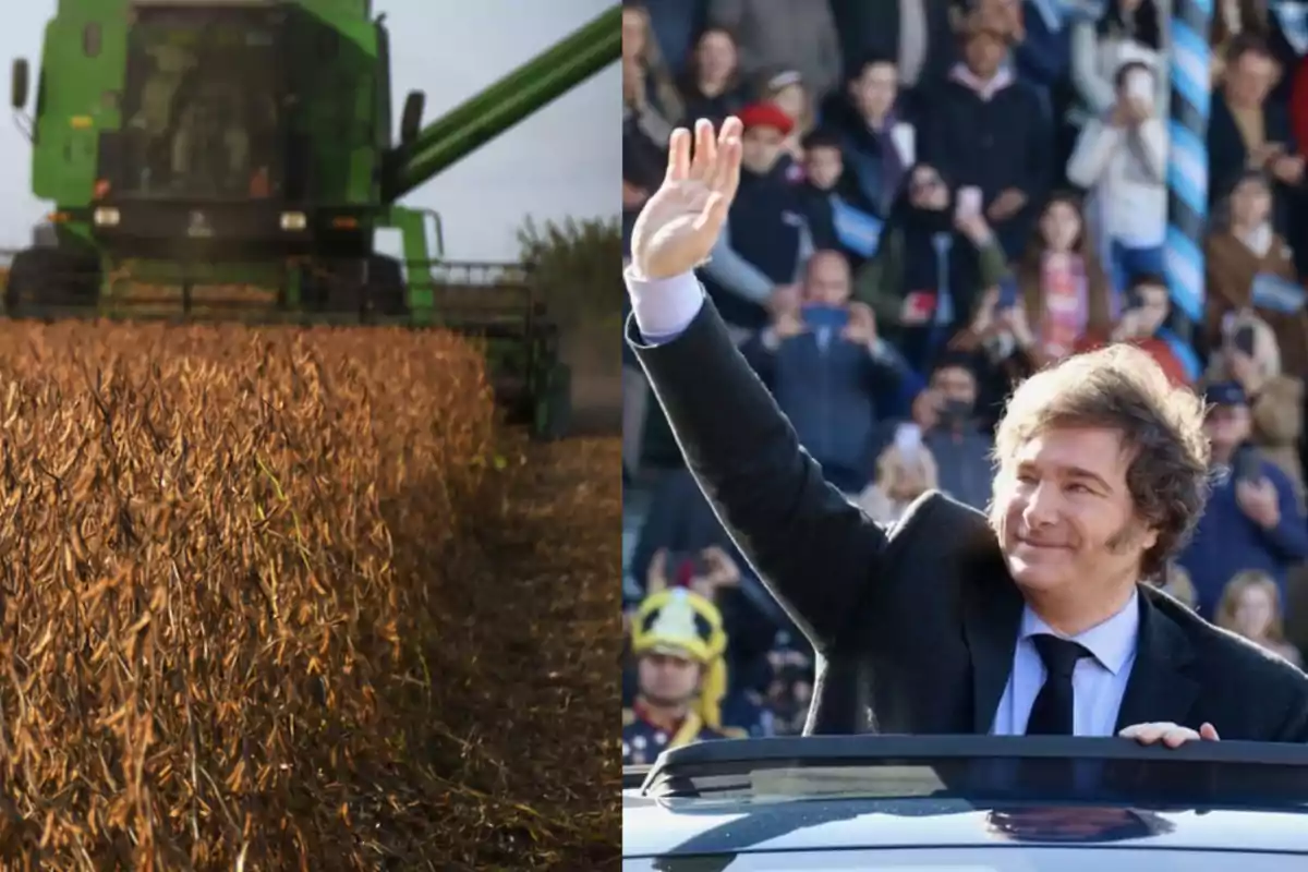 Una cosechadora trabajando en un campo de soja junto a un hombre de traje saludando a una multitud