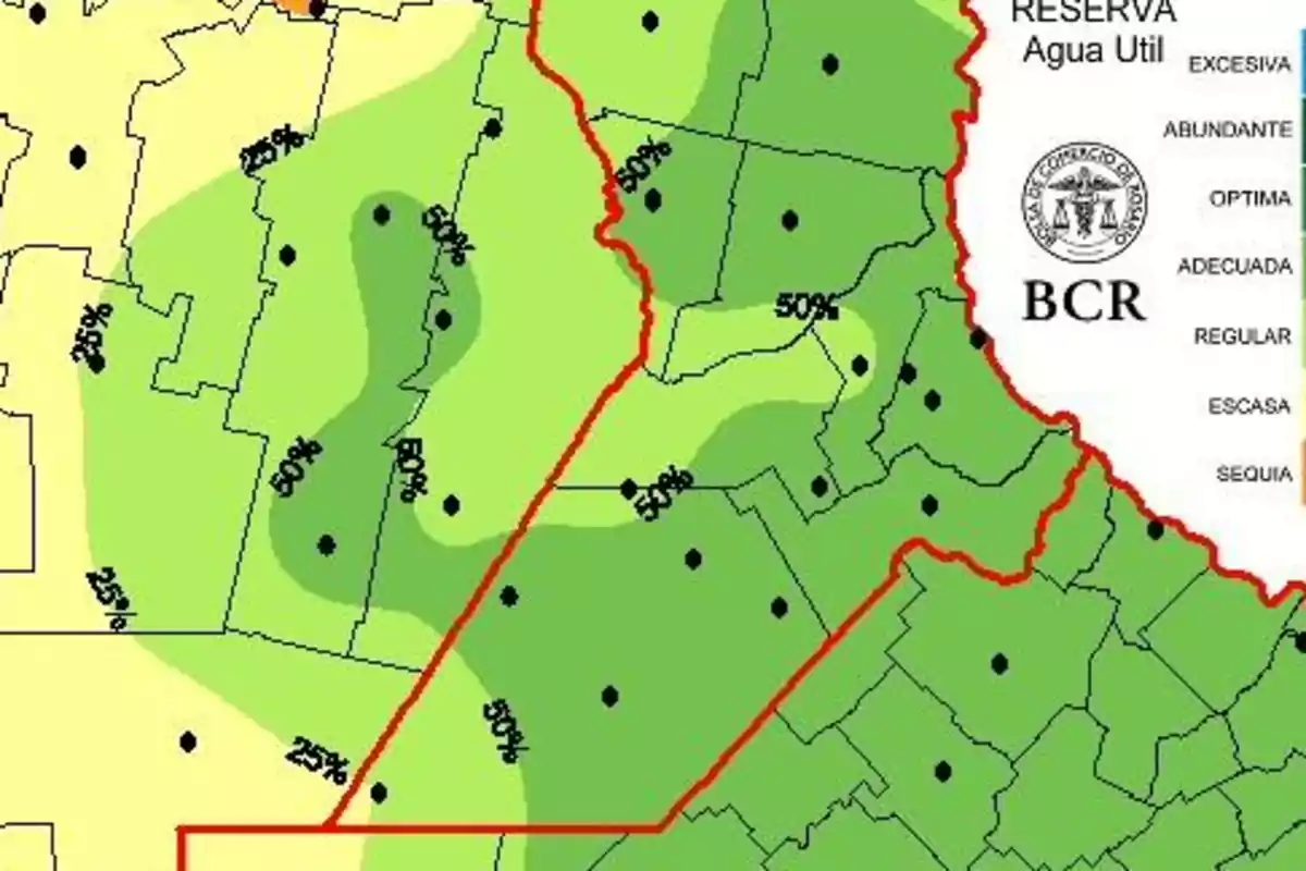 Mapa de reservas de agua útil en diferentes regiones agrícolas con porcentajes de humedad y una leyenda que indica los niveles de disponibilidad de agua Mapa de reservas de agua útil en diferentes regiones agrícolas con porcentajes de humedad y una leyenda que indica los niveles de disponibilidad de agua