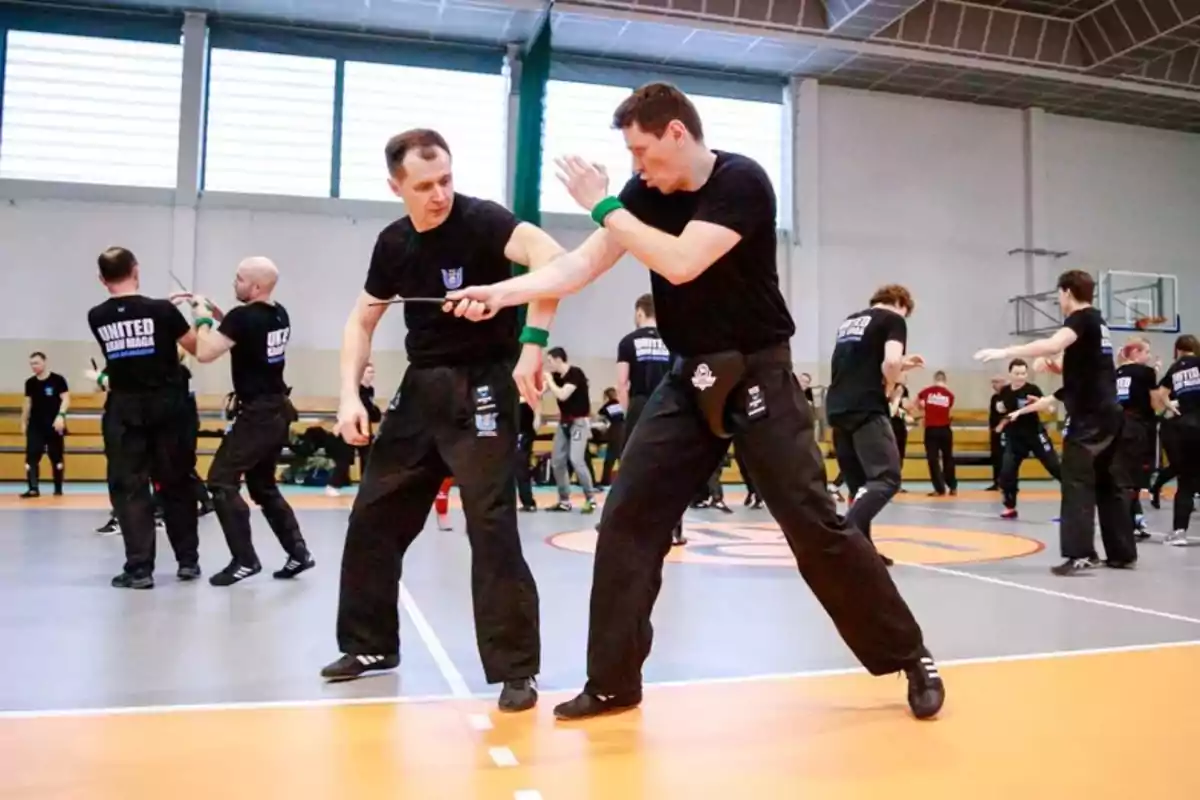 Personas practicando defensa personal con palos en un gimnasio durante una clase grupal Personas practicando defensa personal con palos en un gimnasio durante una clase grupal