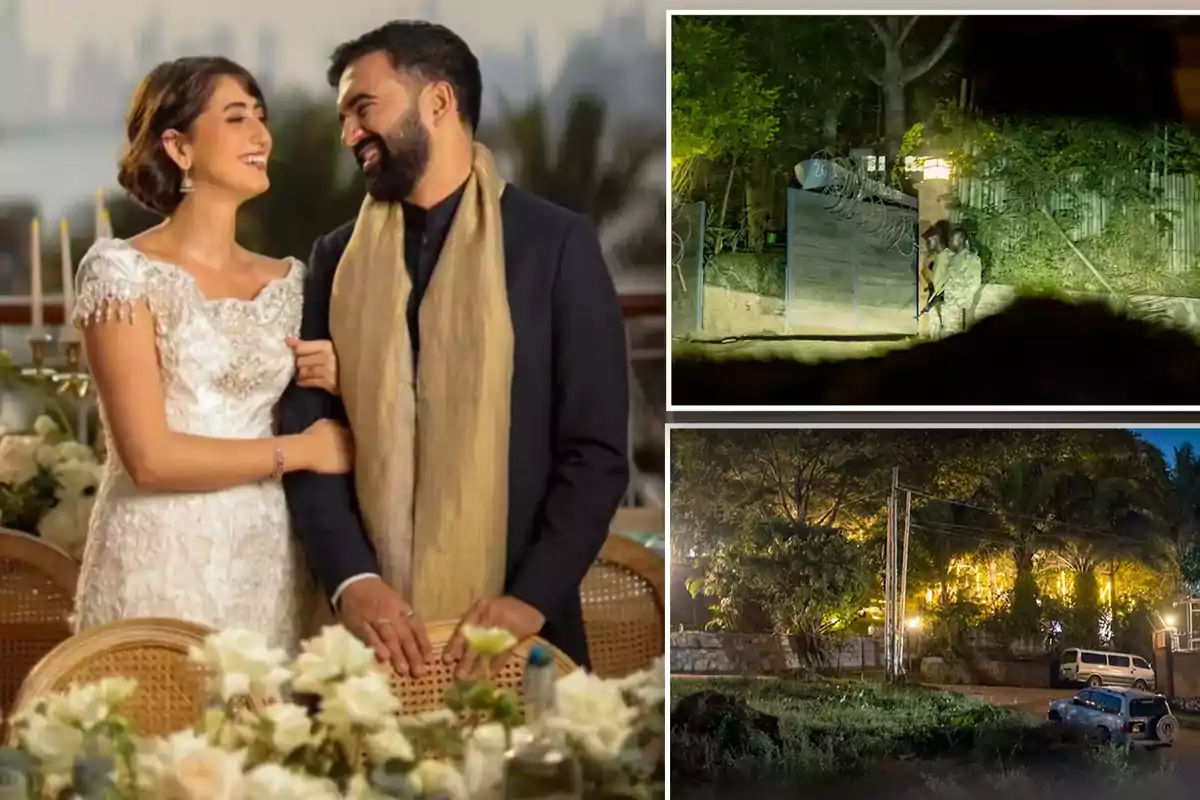 Una pareja sonriente vestida de gala en una boda junto a dos imágenes nocturnas de una casa custodiada por militares y vehículos estacionados afuera