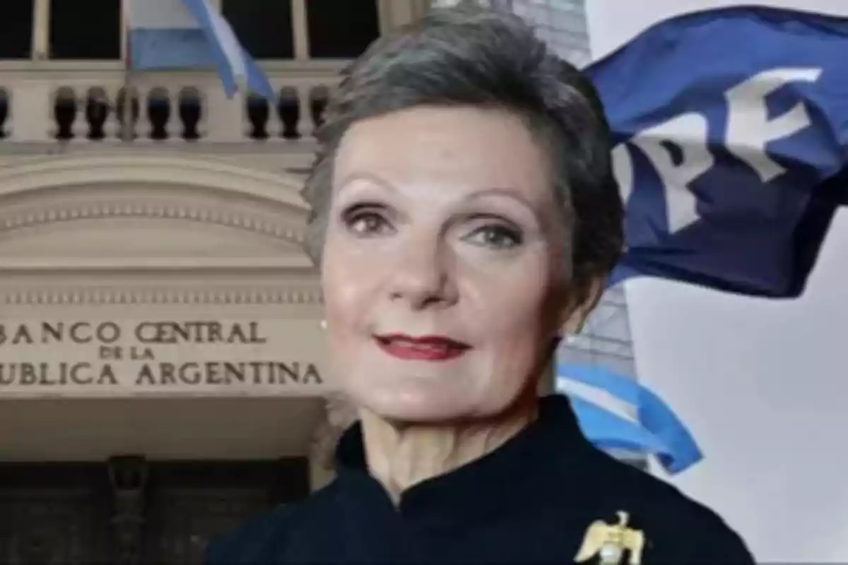 Short-haired, gray-haired woman in front of the Central Bank of the Argentine Republic building, with a YPF flag waving in the background Short-haired, gray-haired woman in front of the Central Bank of the Argentine Republic building, with a YPF flag waving in the background