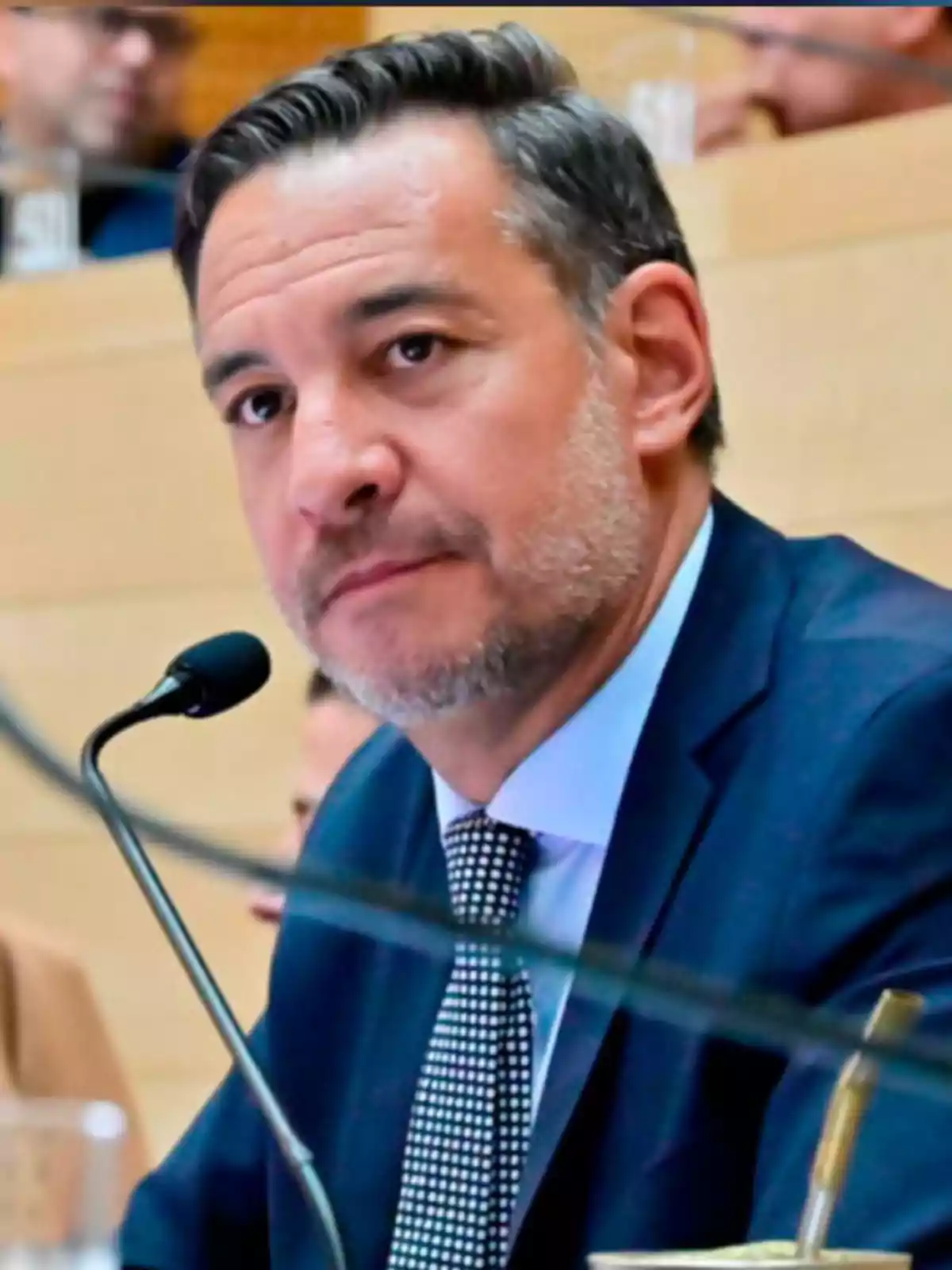 Hombre de mediana edad con barba y cabello corto, vestido con traje y corbata, sentado frente a un micrófono en lo que parece ser una sala de conferencias o reunión. Hombre de mediana edad con barba y cabello corto, vestido con traje y corbata, sentado frente a un micrófono en lo que parece ser una sala de conferencias o reunión.