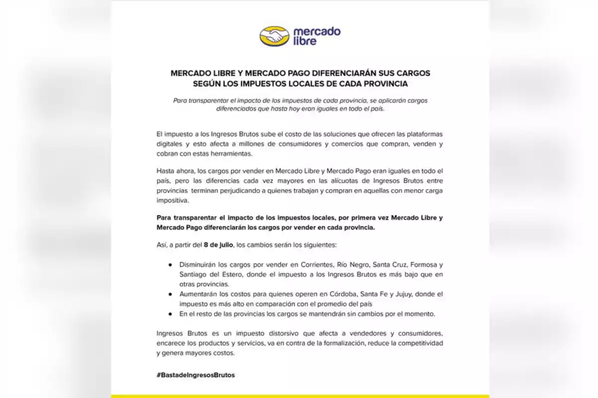 Comunicado de Mercado Libre informando que a partir del 8 de julio diferenciarán los cargos por vender según los impuestos locales de cada provincia, explicando que disminuirán en algunas provincias y aumentarán en otras, con el objetivo de transparentar el impacto de los impuestos a los Ingresos Brutos.