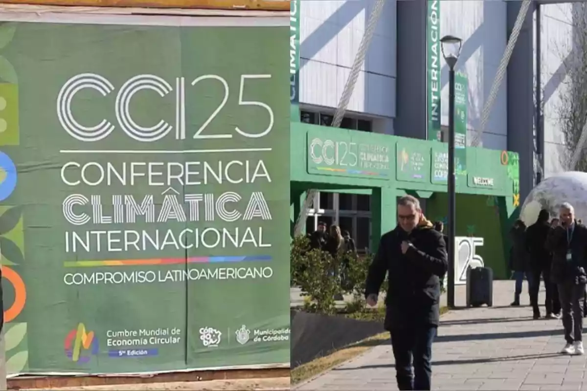Carteles y entrada de la Conferencia Climática Internacional CCI25 en Córdoba, con personas caminando frente al evento