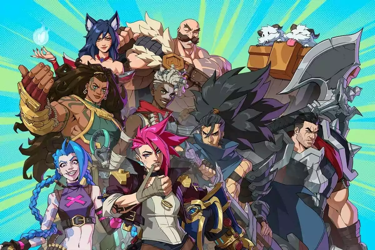 Ilustración colorida de varios personajes de estilo anime con expresiones y poses dinámicas sobre un fondo azul con rayos amarillos Ilustración colorida de varios personajes de estilo anime con expresiones y poses dinámicas sobre un fondo azul con rayos amarillos