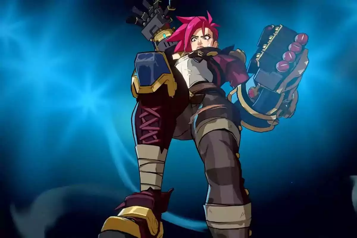 Personaje de cabello rosa con guante mecánico gigante y pose desafiante sobre un fondo azul brillante Personaje de cabello rosa con guante mecánico gigante y pose desafiante sobre un fondo azul brillante