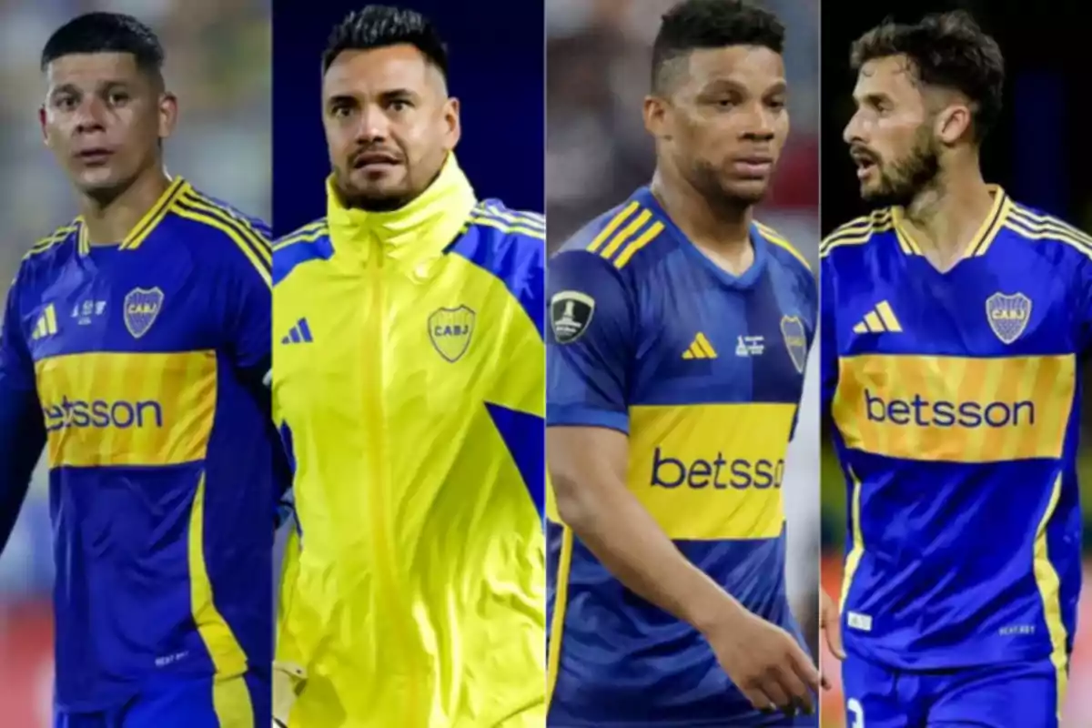 Cuatro jugadores de Boca Juniors con uniforme azul y amarillo posan en diferentes momentos durante un partido de fútbol. Cuatro jugadores de Boca Juniors con uniforme azul y amarillo posan en diferentes momentos durante un partido de fútbol.