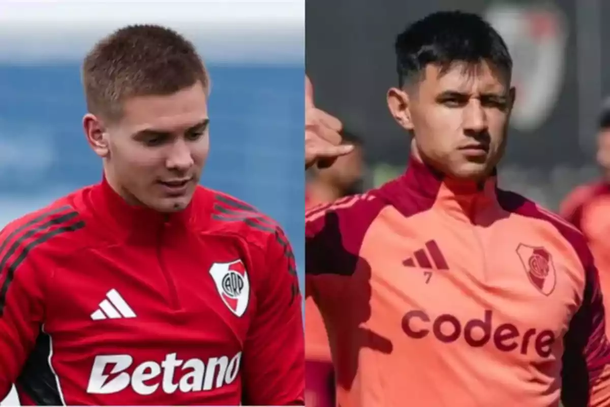 Two players wearing River Plate training gear pose in different settings Two players wearing River Plate training gear pose in different settings