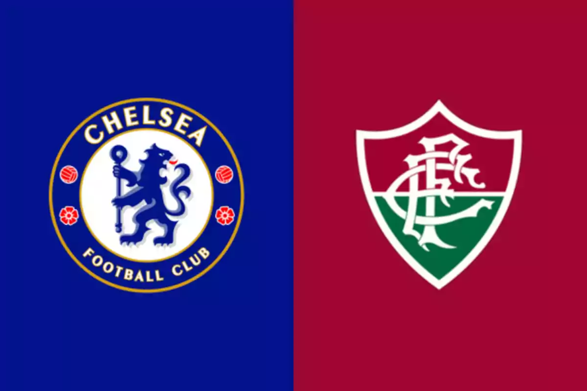 Badges of the football teams Chelsea and Fluminense on blue and maroon backgrounds, respectively Badges of the football teams Chelsea and Fluminense on blue and maroon backgrounds, respectively