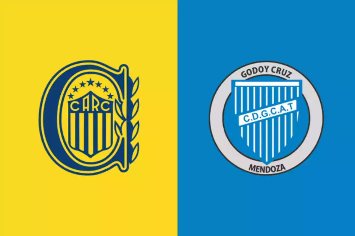 Rosario Central and Godoy Cruz crests on yellow and blue backgrounds, respectively. Rosario Central and Godoy Cruz crests on yellow and blue backgrounds, respectively.