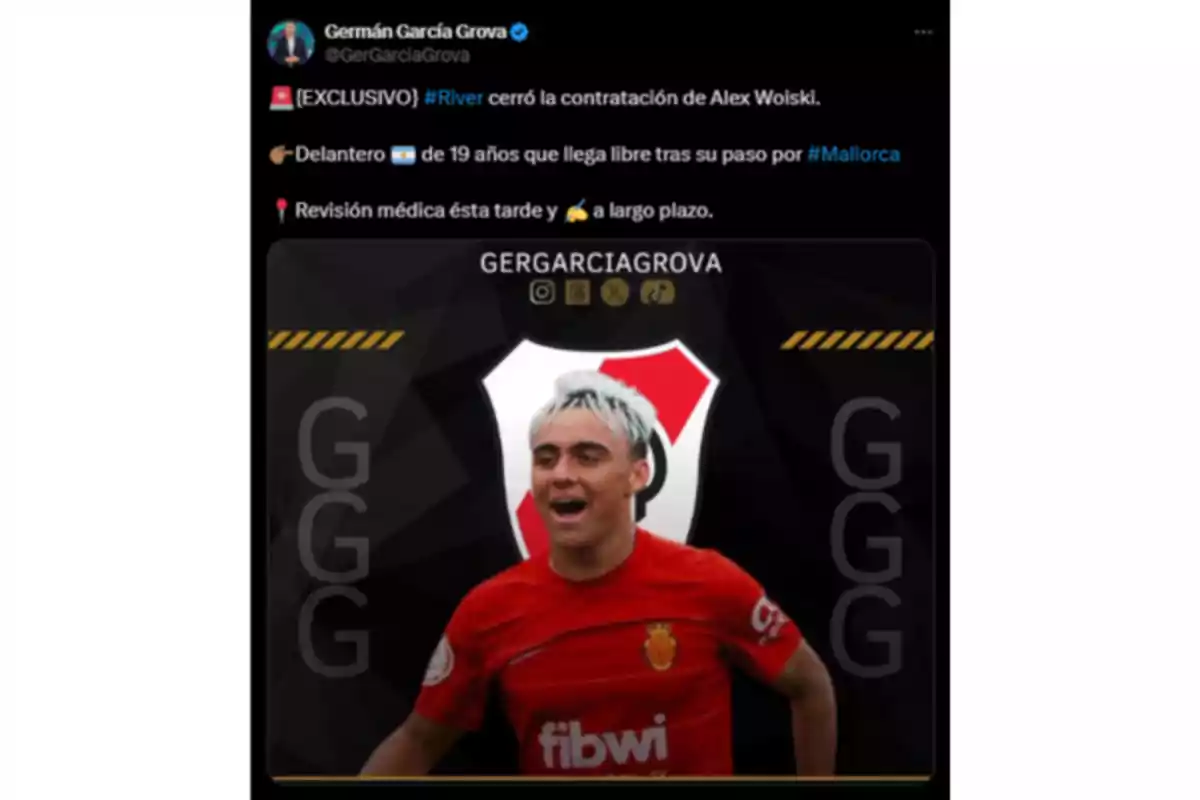 Social media post announcing the signing of a young footballer by River Plate, featuring an image of the smiling player wearing a red uniform with a River Plate crest in the background Social media post announcing the signing of a young footballer by River Plate, featuring an image of the smiling player wearing a red uniform with a River Plate crest in the background