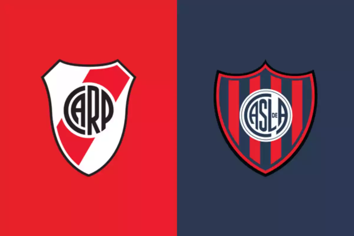 Escudos de River Plate y San Lorenzo sobre fondos rojo y azul respectivamente