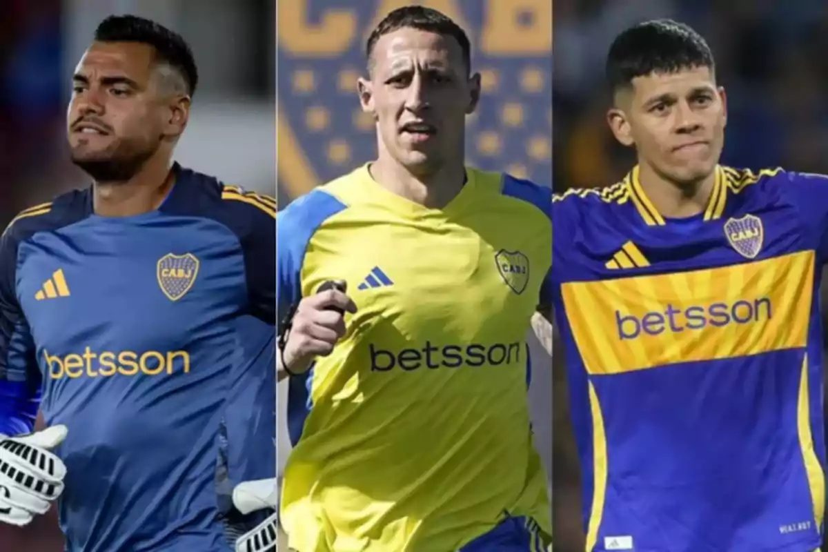 Tres jugadores de Boca Juniors con diferentes uniformes del club durante un partido Tres jugadores de Boca Juniors con diferentes uniformes del club durante un partido