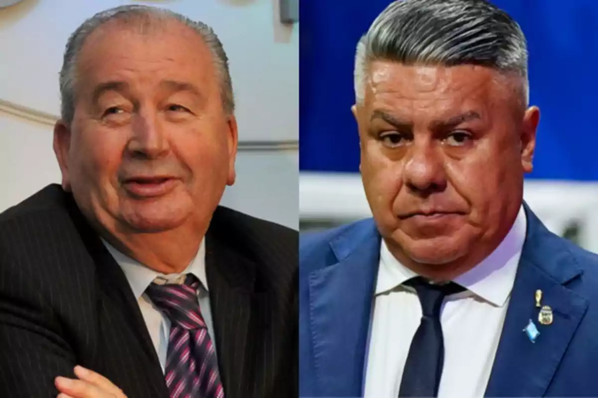 Dos hombres de traje posan en un montaje fotográfico, uno de ellos sonríe levemente y el otro tiene una expresión seria Dos hombres de traje posan en un montaje fotográfico, uno de ellos sonríe levemente y el otro tiene una expresión seria