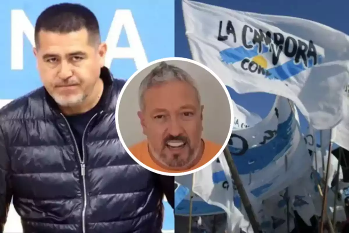 A man in a black jacket appears on the left, in the center there is a box with another man's face, and on the right several white flags with inscriptions and a light blue stripe can be seen.