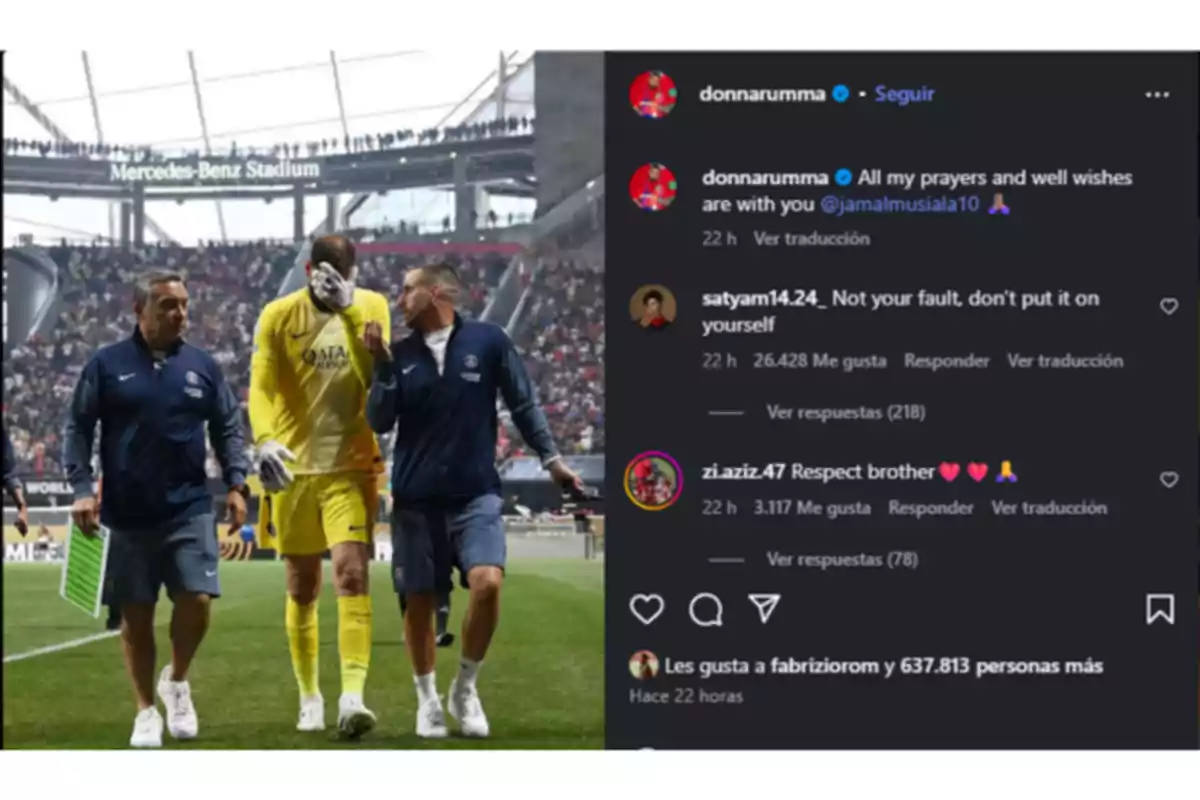 Soccer goalkeeper dressed in yellow leaves the field accompanied by two staff members while covering his face with his hand in a stadium full of spectators; on the right, supportive comments can be seen on an Instagram post. Soccer goalkeeper dressed in yellow leaves the field accompanied by two staff members while covering his face with his hand in a stadium full of spectators; on the right, supportive comments can be seen on an Instagram post.