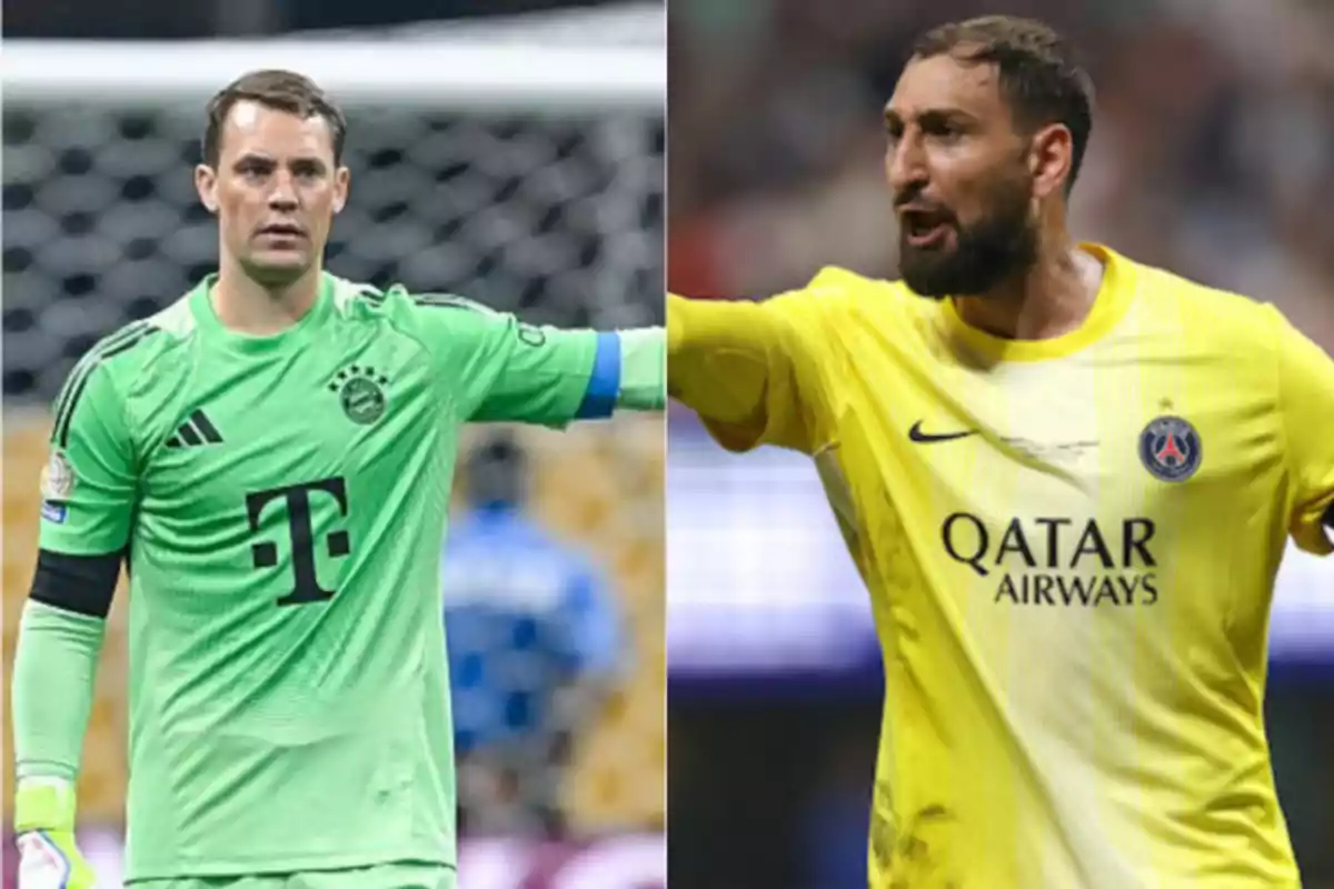 Two soccer goalkeepers wearing uniforms from different teams, one in a green jersey and the other in a yellow jersey, both giving instructions during a match.