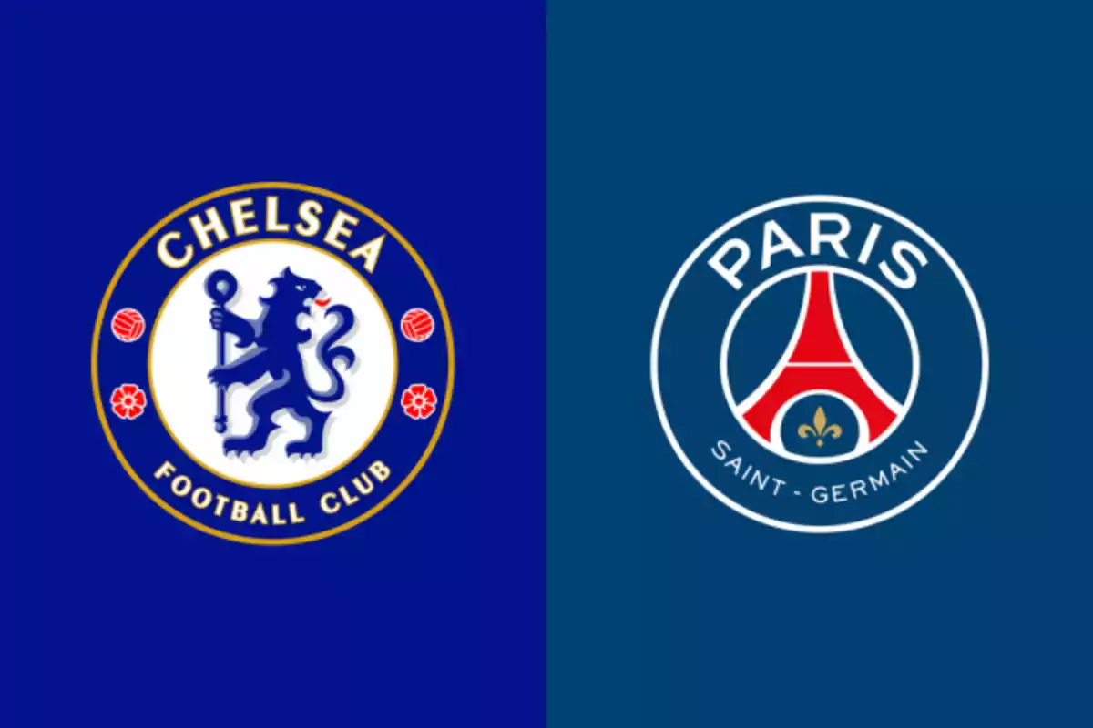 Escudos de los equipos de fútbol Chelsea y Paris Saint-Germain sobre fondos azules divididos verticalmente