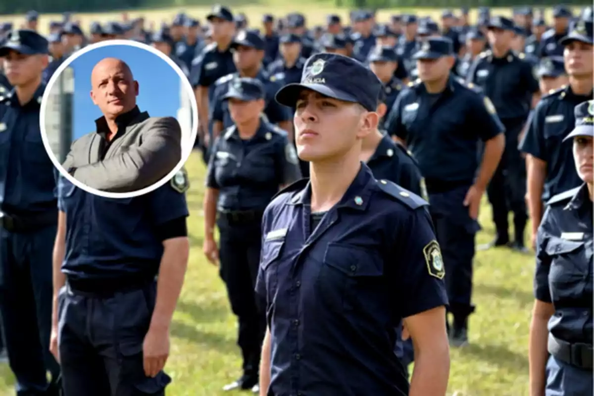 Grupo de policías uniformados formados en fila en un campo con un recuadro que muestra a un hombre calvo de traje cruzado de brazos