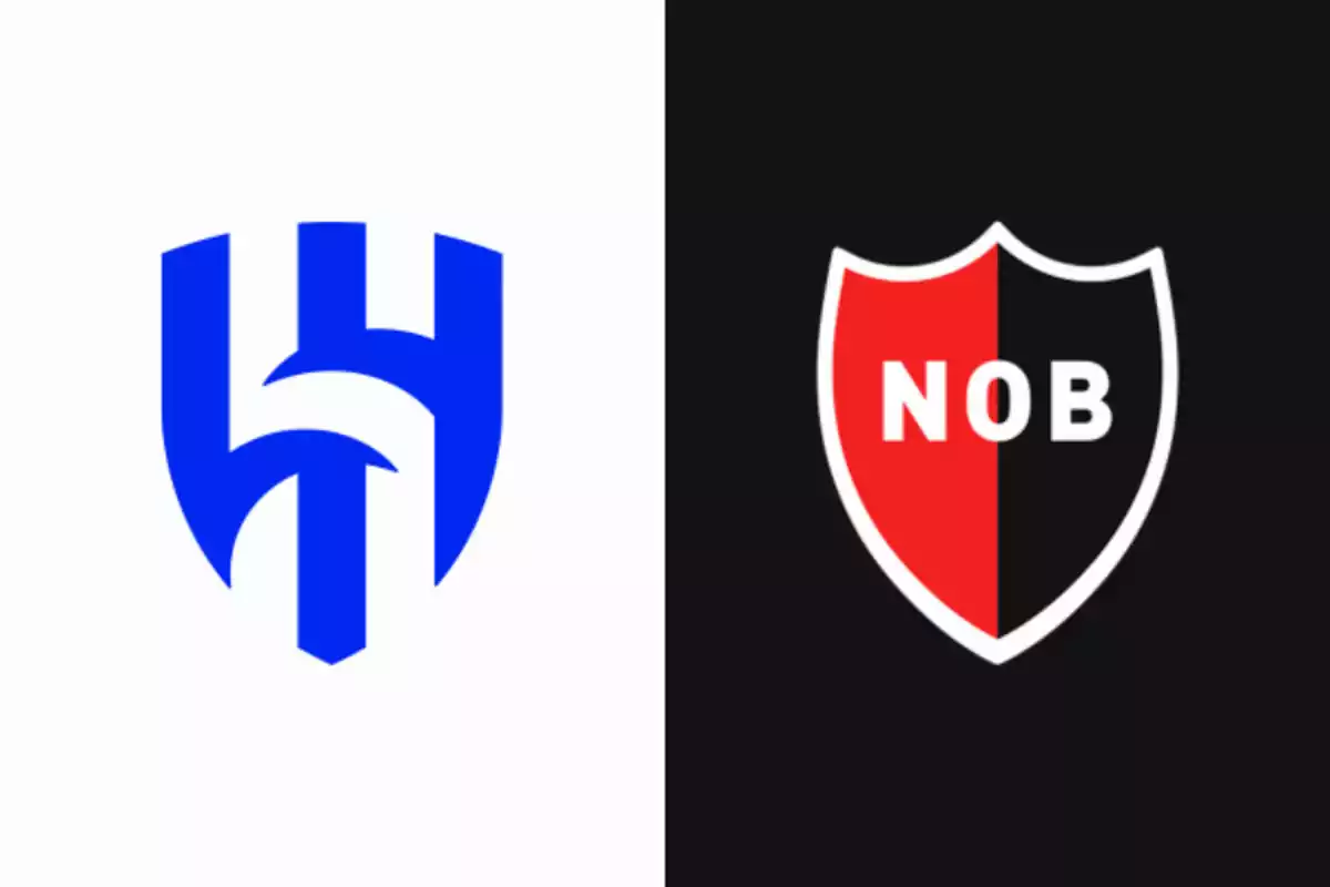 Escudos de los equipos de fútbol Huracán y Newell's Old Boys sobre fondos blanco y negro respectivamente