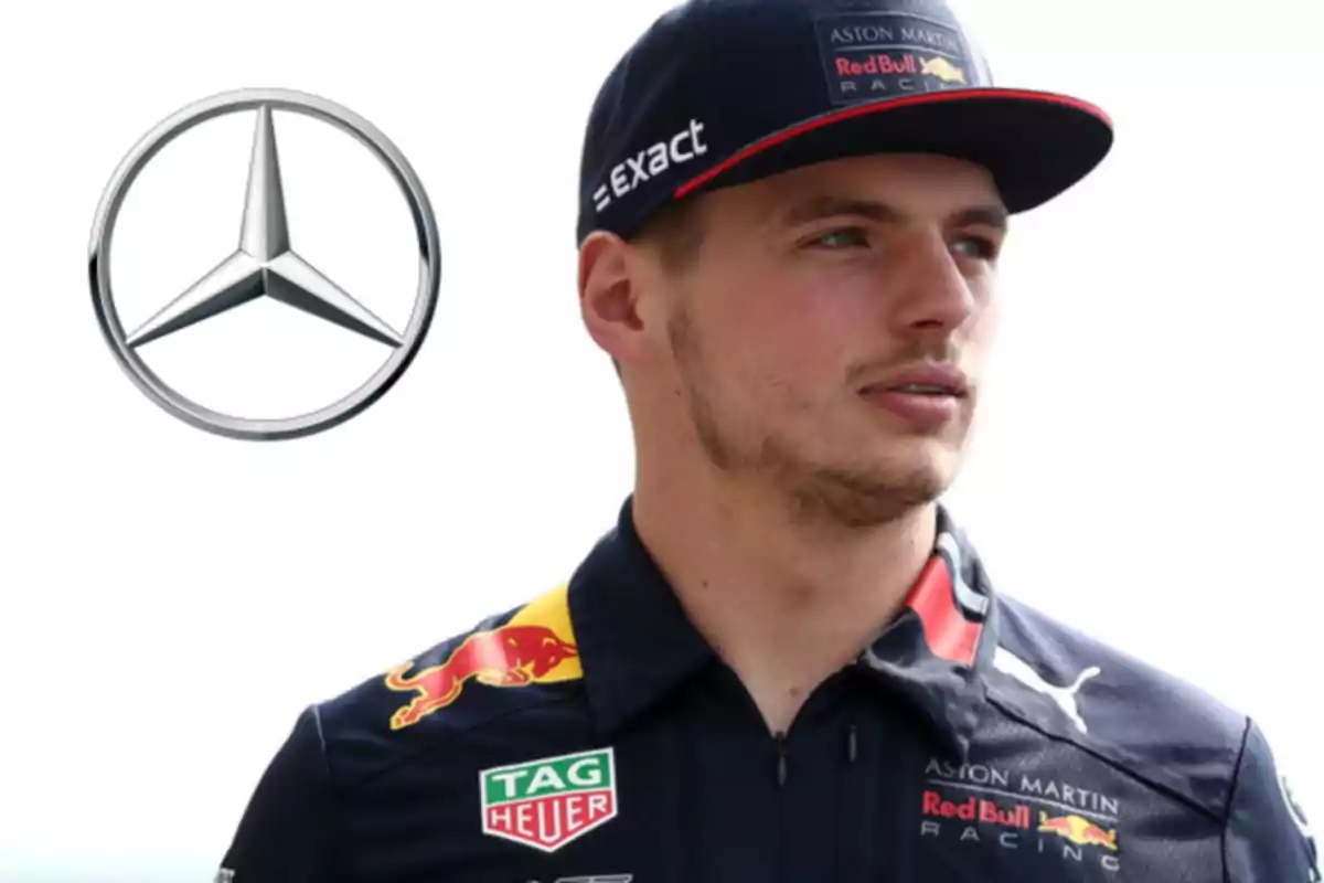 Formula 1 driver in a Red Bull Racing uniform and dark cap next to the Mercedes logo on a white background