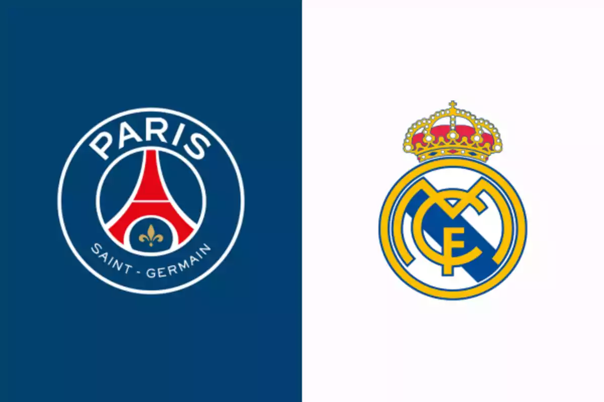 Badges of the football teams Paris Saint-Germain and Real Madrid on blue and white backgrounds, respectively Badges of the football teams Paris Saint-Germain and Real Madrid on blue and white backgrounds, respectively