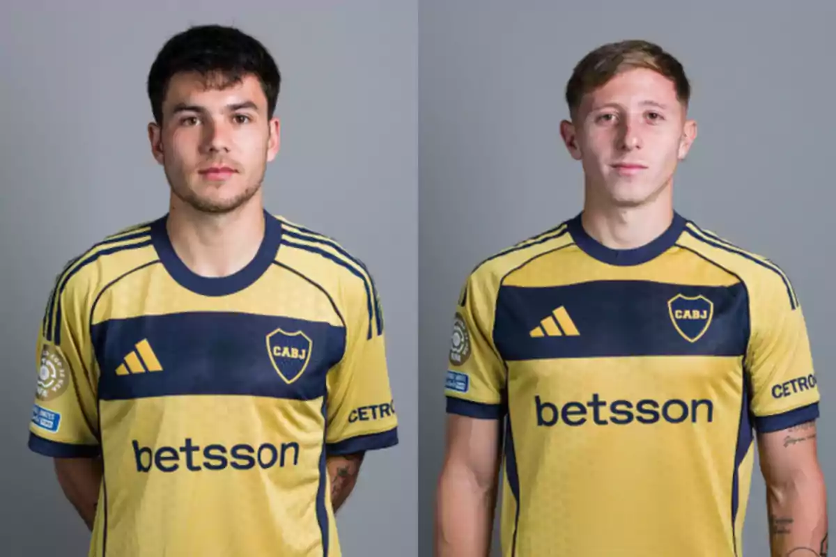 Two players wearing the yellow and blue Boca Juniors jersey pose in front of a gray background. Two players wearing the yellow and blue Boca Juniors jersey pose in front of a gray background.