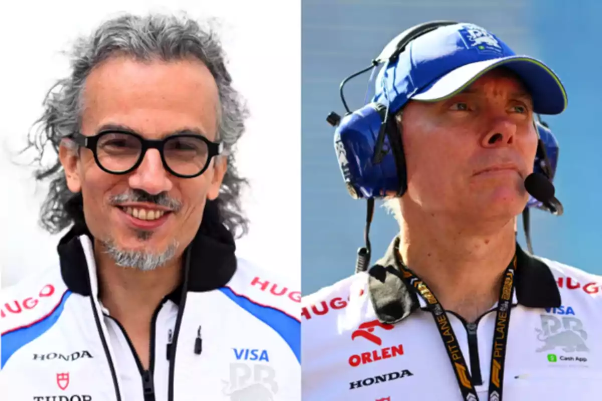 Two men in white motorsport team uniforms, one with glasses and curly hair, the other with a blue cap and headphones Two men in white motorsport team uniforms, one with glasses and curly hair, the other with a blue cap and headphones