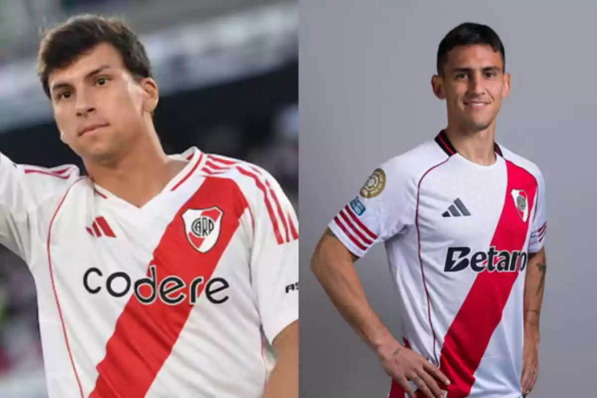 Two players wearing the River Plate jersey pose in different settings, one in a stadium and the other in a studio. Two players wearing the River Plate jersey pose in different settings, one in a stadium and the other in a studio.