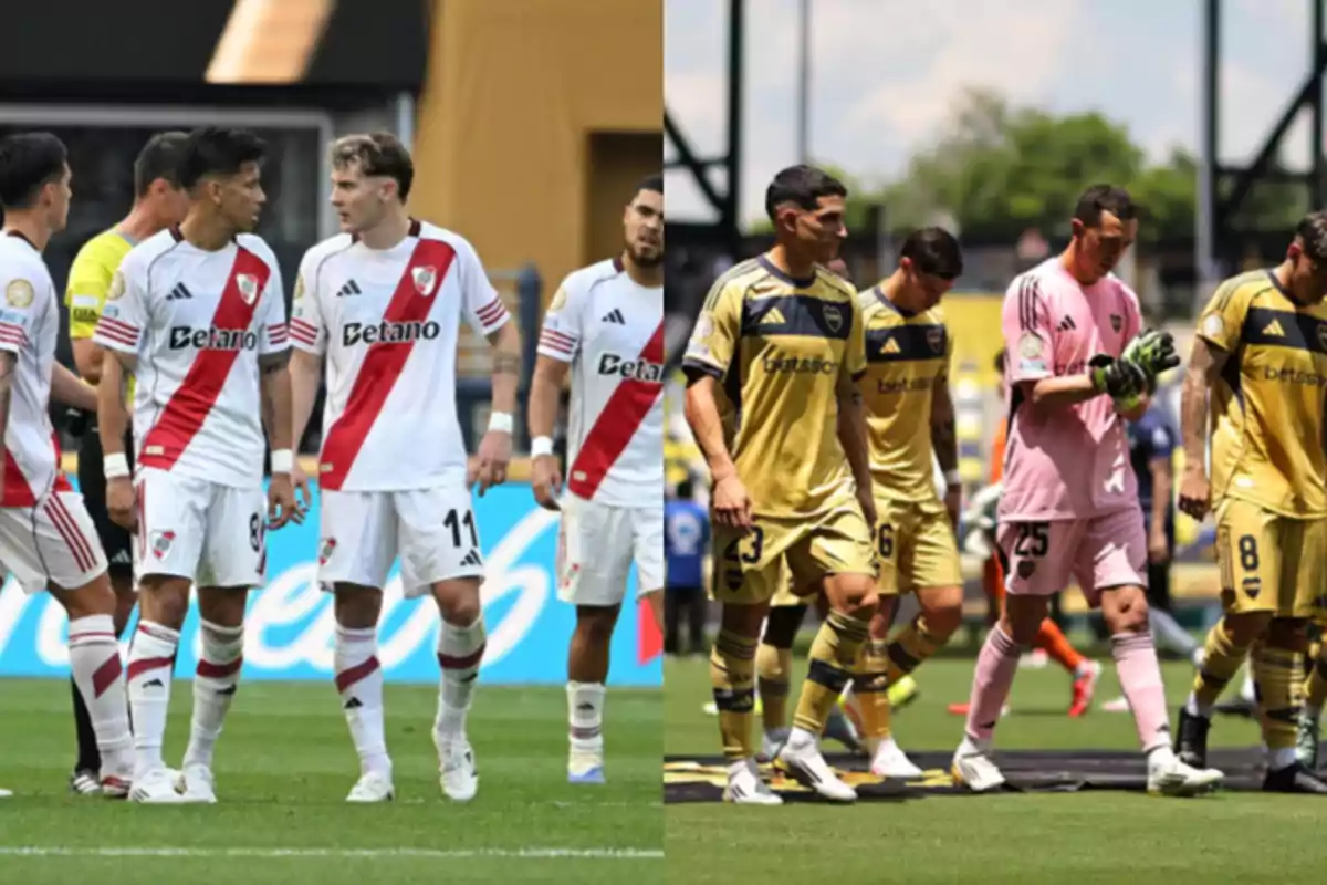 River Plate players in white uniforms and Boca Juniors players in gold uniforms, with a goalkeeper in pink on the soccer field. River Plate players in white uniforms and Boca Juniors players in gold uniforms, with a goalkeeper in pink on the soccer field.