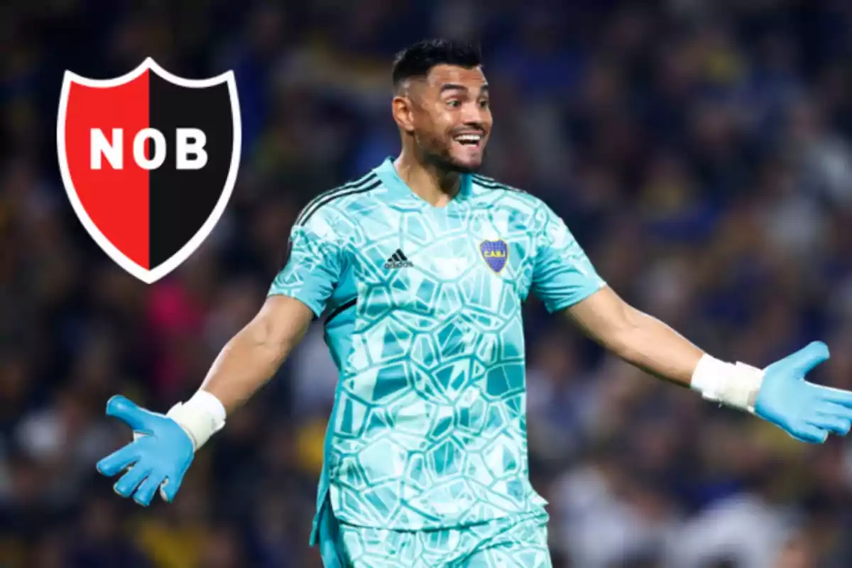 Goalkeeper in Boca Juniors’ light blue uniform gesturing with open arms and the Newell's Old Boys crest in the background