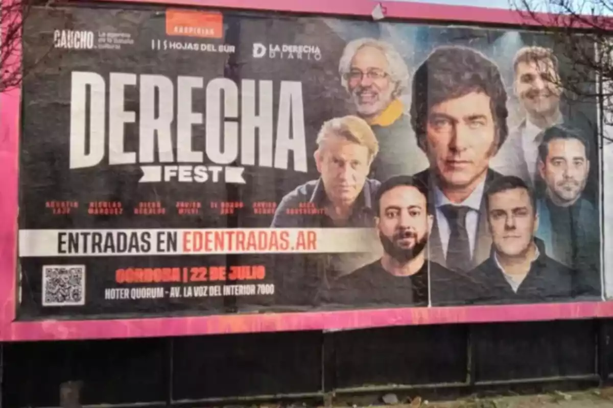 Advertising poster for an event called Derecha Fest featuring several people in the foreground and details about the date, location, and ticket sales in Córdoba Advertising poster for an event called Derecha Fest featuring several people in the foreground and details about the date, location, and ticket sales in Córdoba