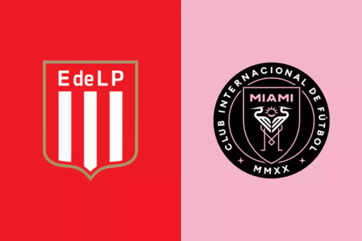 Escudos de Estudiantes de La Plata y del Inter Miami sobre fondos rojo y rosa respectivamente Escudos de Estudiantes de La Plata y del Inter Miami sobre fondos rojo y rosa respectivamente