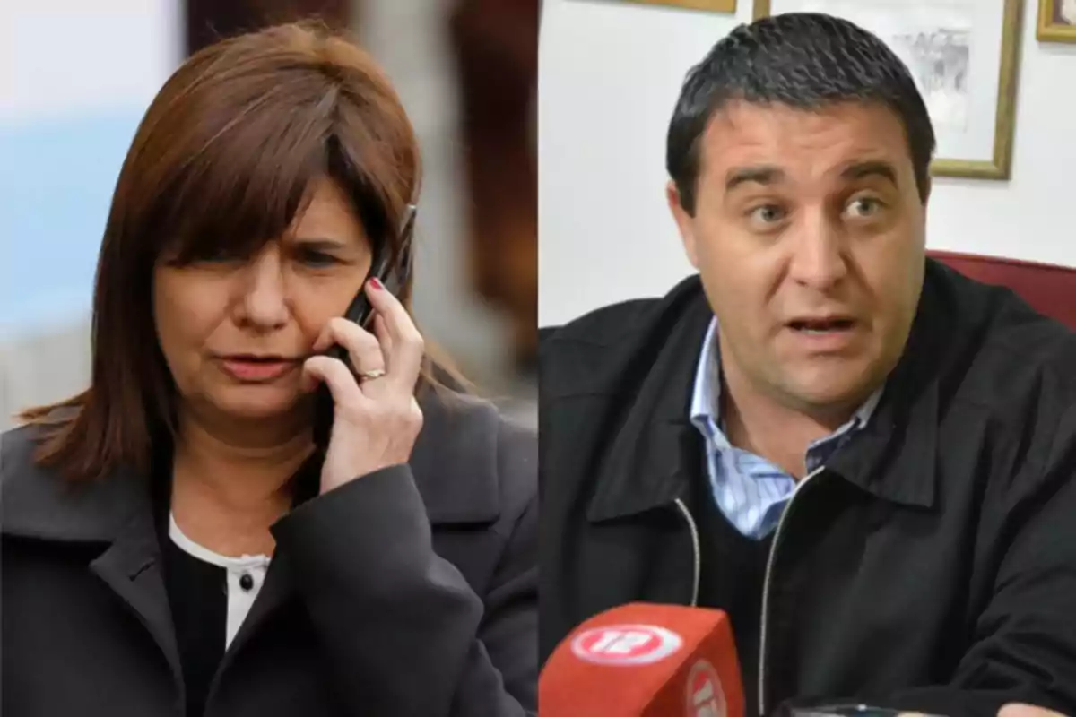 A woman talking on the phone and a man sitting in front of a red microphone