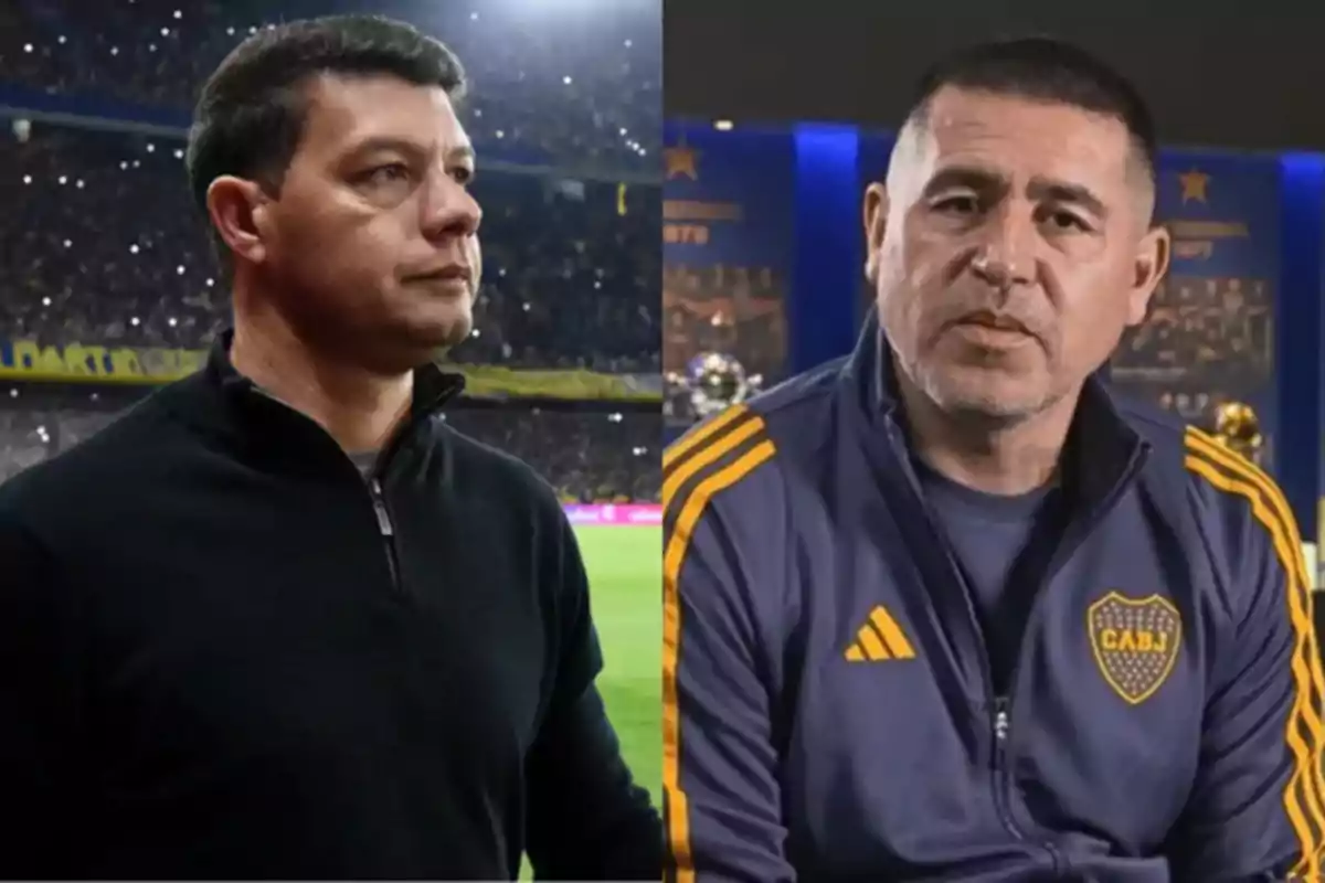 Dos hombres aparecen en la imagen, uno con un suéter negro en un estadio lleno de público y otro con una campera azul con detalles amarillos y el escudo de Boca Juniors en un ambiente interior con trofeos al fondo