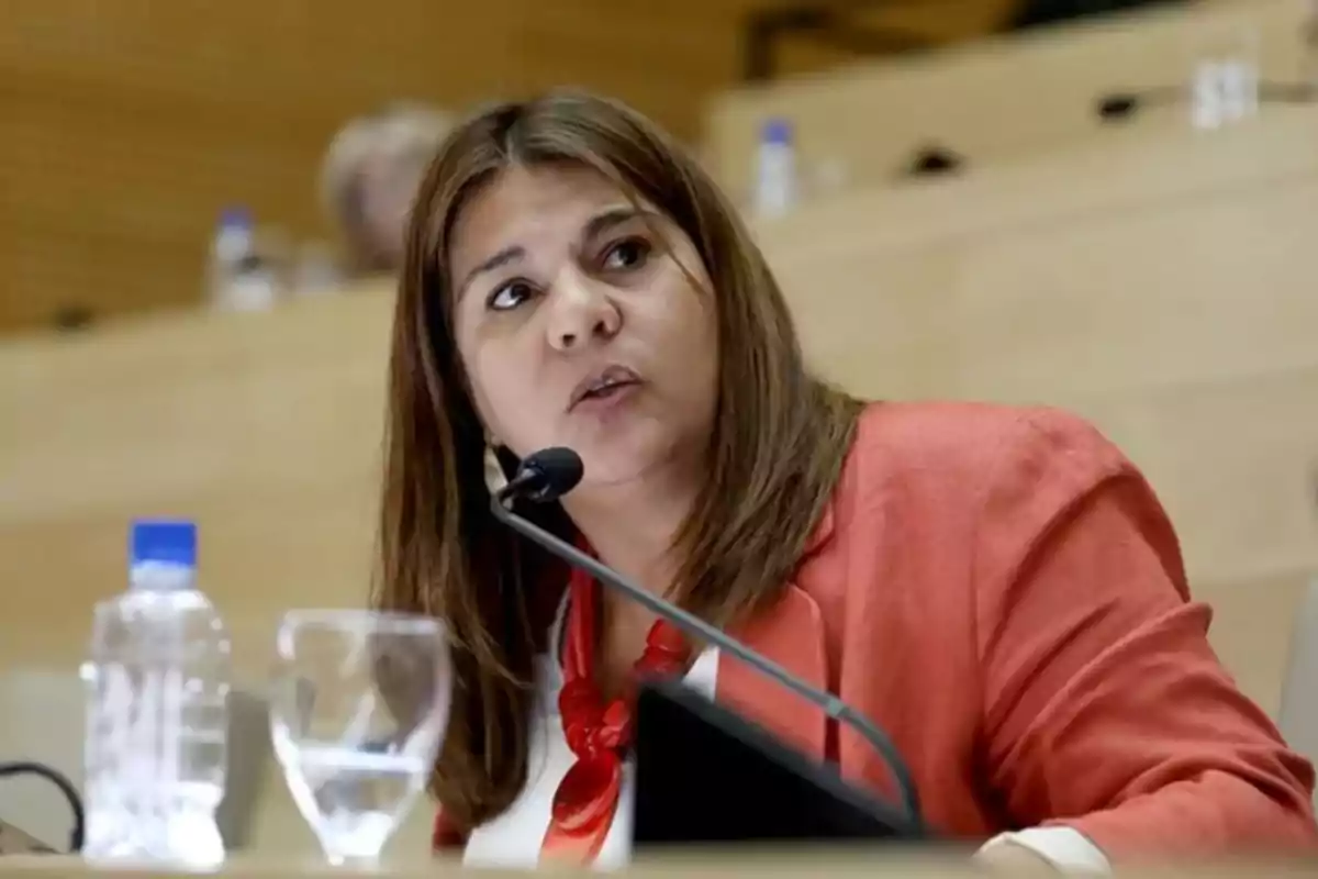 Mujer de cabello castaño hablando frente a un micrófono en una sala de conferencias con una chaqueta roja y una bufanda roja Mujer de cabello castaño hablando frente a un micrófono en una sala de conferencias con una chaqueta roja y una bufanda roja